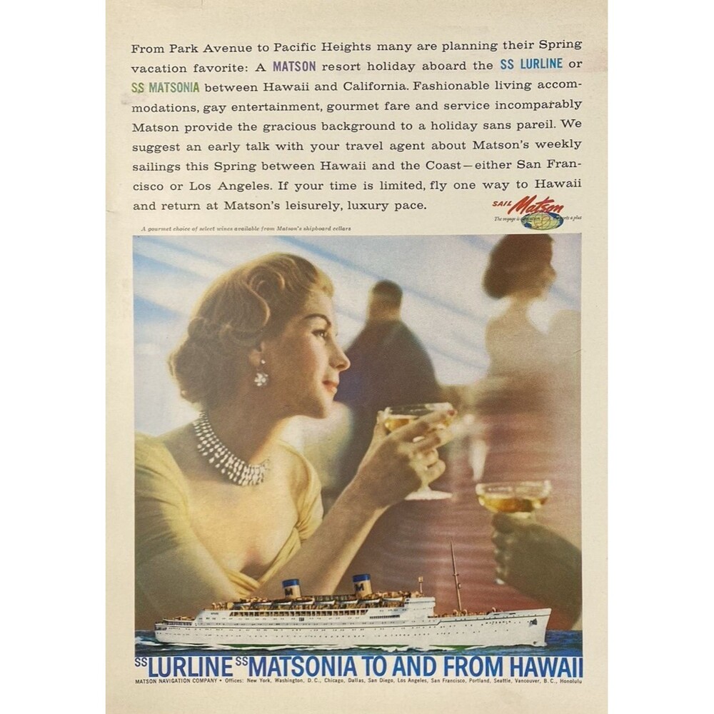 Matson Lines "SS LURINE or SS MATSONIA Hawaii to the Coast" Vintage Print Ad '60